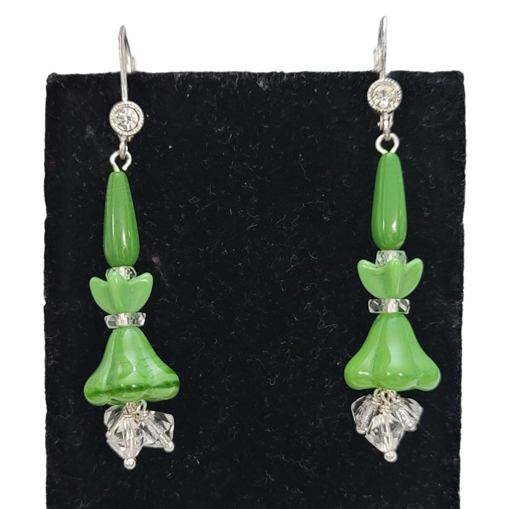 Czech Vintage Green Clear Glass Beads Lever Back Dangle Drop Earrings E155 - Picture 6 of 6